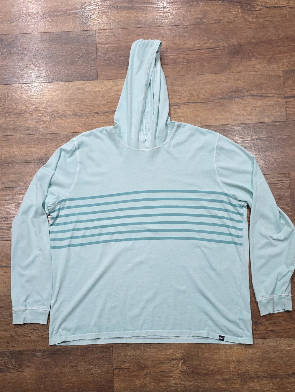 Vineyard Vines Men's Light Aqua Hooded Long-Sleeve with Teal Stripes
